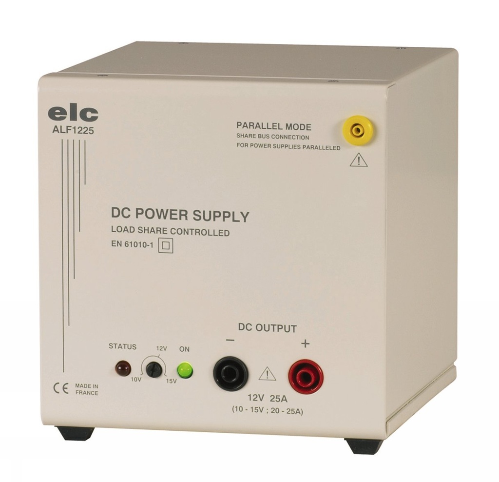 Alimentation stabilisée de laboratoire 12V 25A ajustable 10 à 15V. Bouton marche / arrêt. Cordon secteur amovible sortie fiches bananes