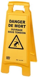 Balise jaune pliante. Message ''DANGER DE MORT OUVRAGE SOUS TENSION'' noir sur fond jaune Usage extérieur et intérieur. Poignée 