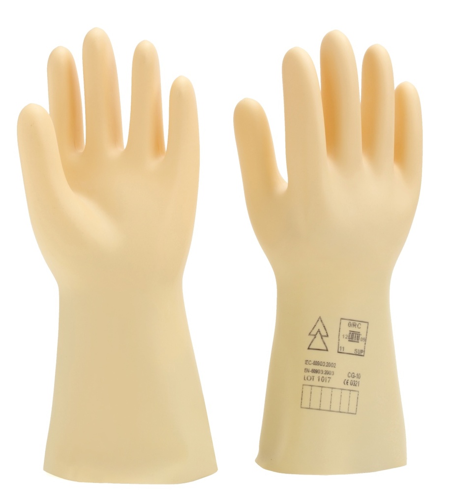 Gants isolants latex naturel classe 0 (1000 VAC - 1500 VDC) T 10. Conforme à la norme EN 60903: 2003 (IEC 60903 : 2014). Finitio