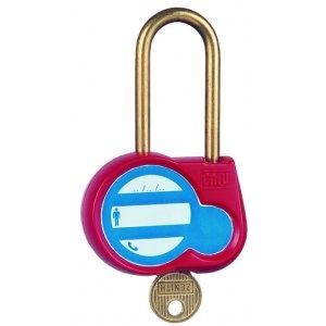 Cadenas de consignation en laiton (anti-corrosion) avec coques en plastique rouge. Anse Ø 6 mm/ H 50 mm. Clé aléatoire. Marquage