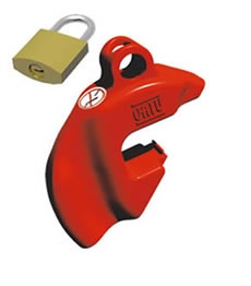 Condamnateur modulaires, disjoncteurs, interrupteurs, différentiels. Plastique rouge. Fixation avec tournevis plat n°3. Cadenass