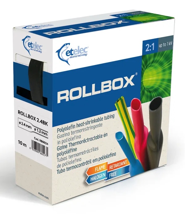 Gaine thermorétractable, rétreint 2:1, distributeur de 5m, diam. 6,4, vert/jaune. Polyoléfine réticulée, RoHS 2, sans halogène, 