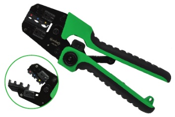 Pince à sertir à cliquet à matrices interchangeables. Livrée en coffret avec matrices pour: cosses isolées 05-6,0mm², embouts 0,